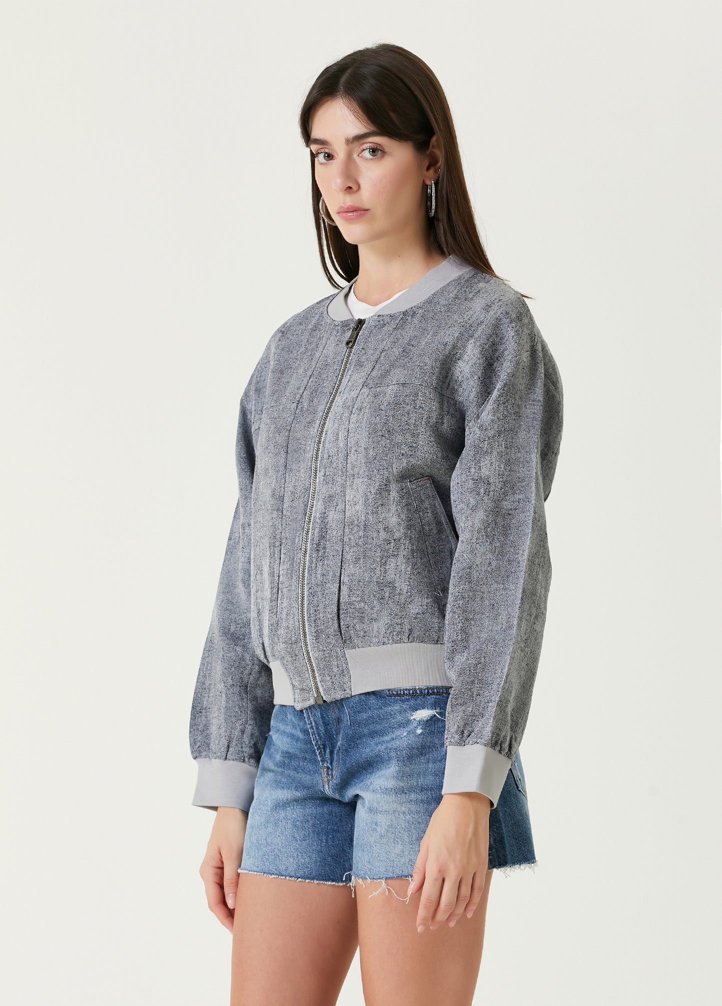 Linen Blend Free Heaven Ripped Look Bomber Jacket - Ultimate Gray