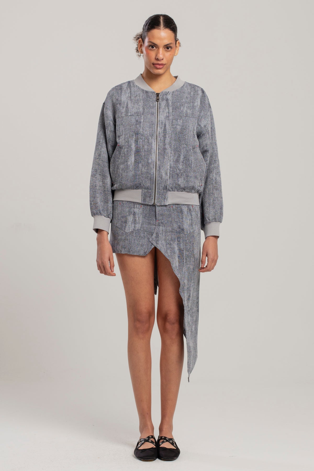 Linen Blend Free Heaven Ripped Look Bomber Jacket - Ultimate Gray