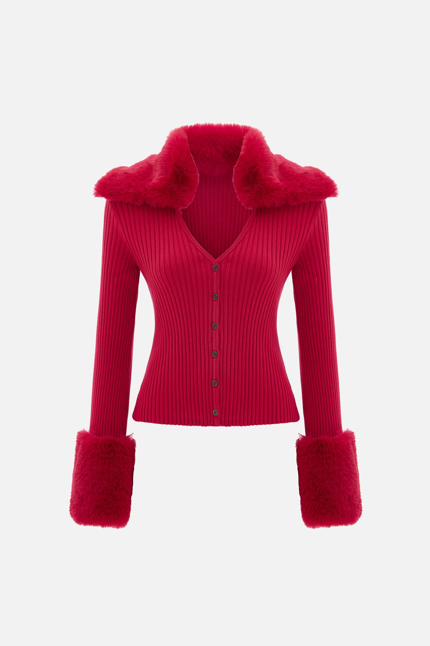 Women's Red Fur-Trim Knit Cardigan