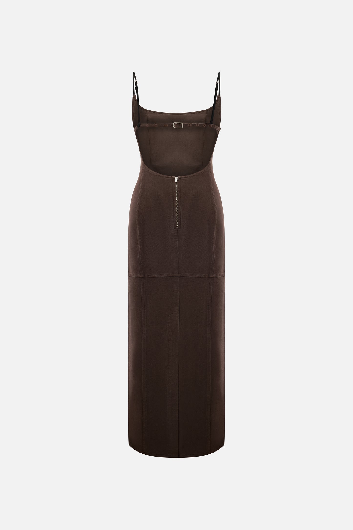 Women's Brown Open-Back Leather Maxi Dress