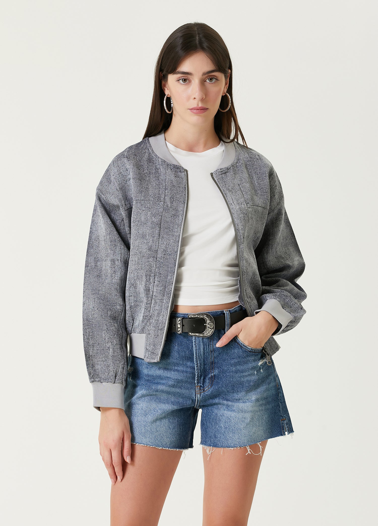 Linen Blend Free Heaven Ripped Look Bomber Jacket - Ultimate Grey