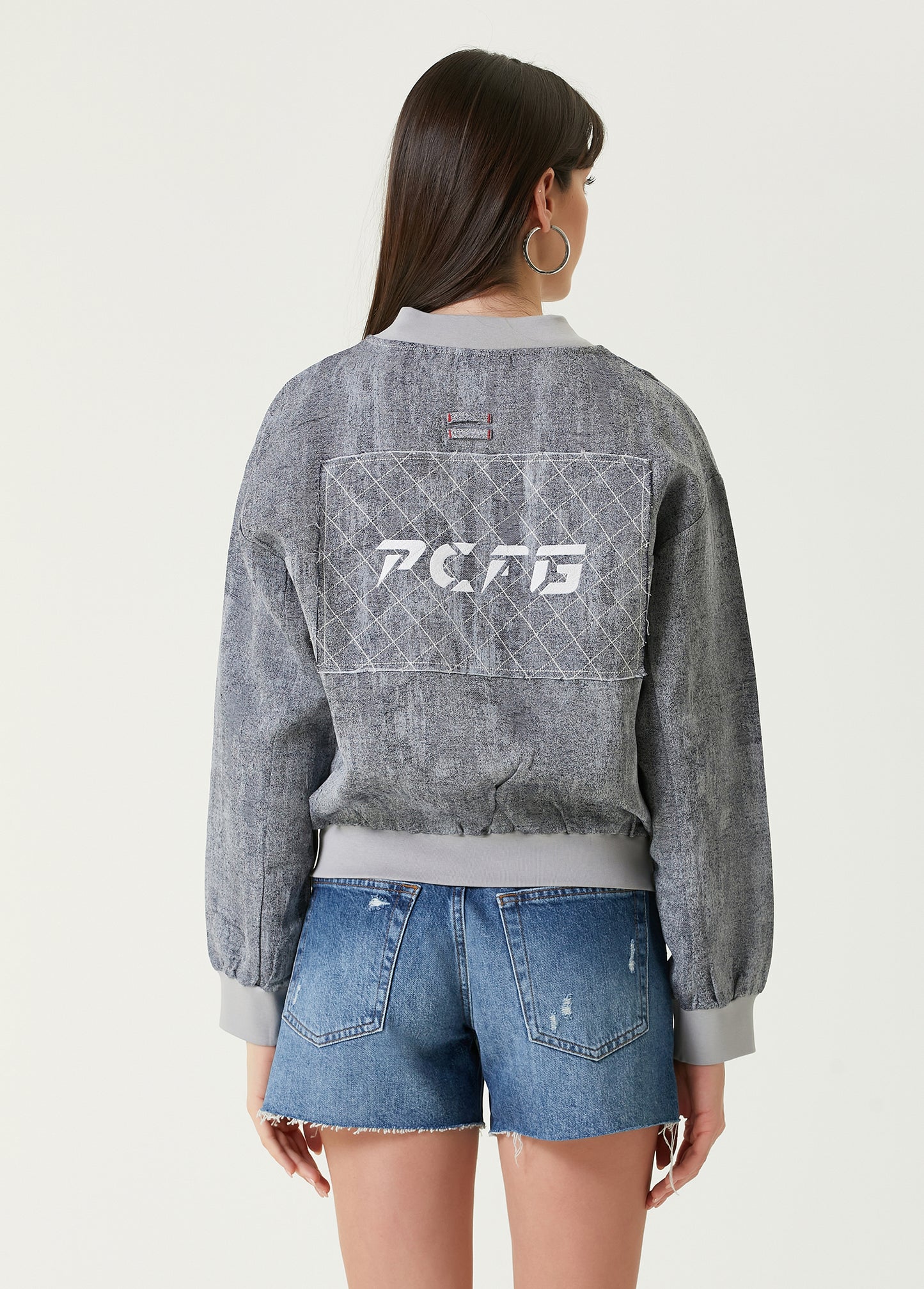 Linen Blend Free Heaven Ripped Look Bomber Jacket - Ultimate Gray