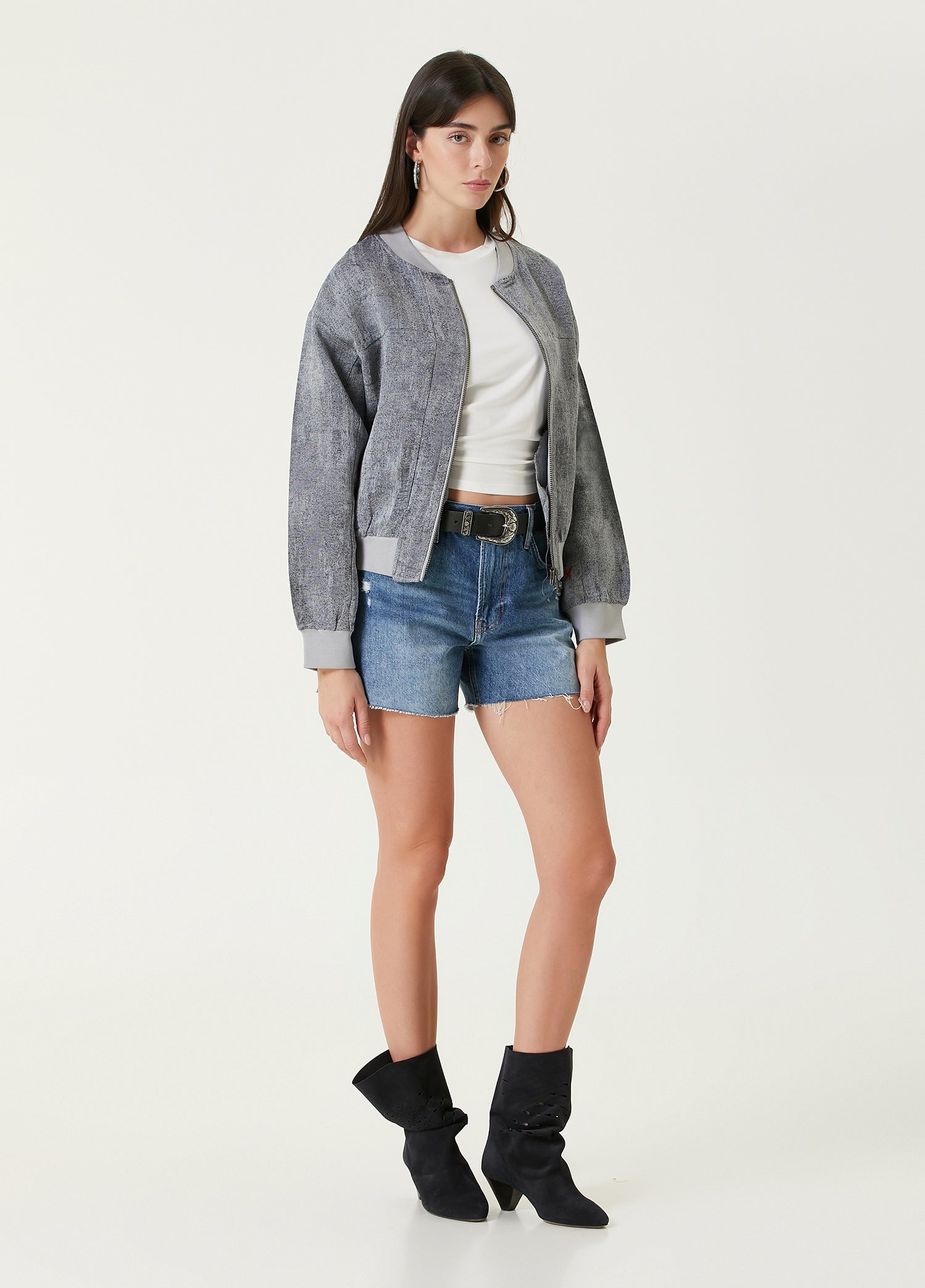 Linen Blend Free Heaven Ripped Look Bomber Jacket - Ultimate Grey