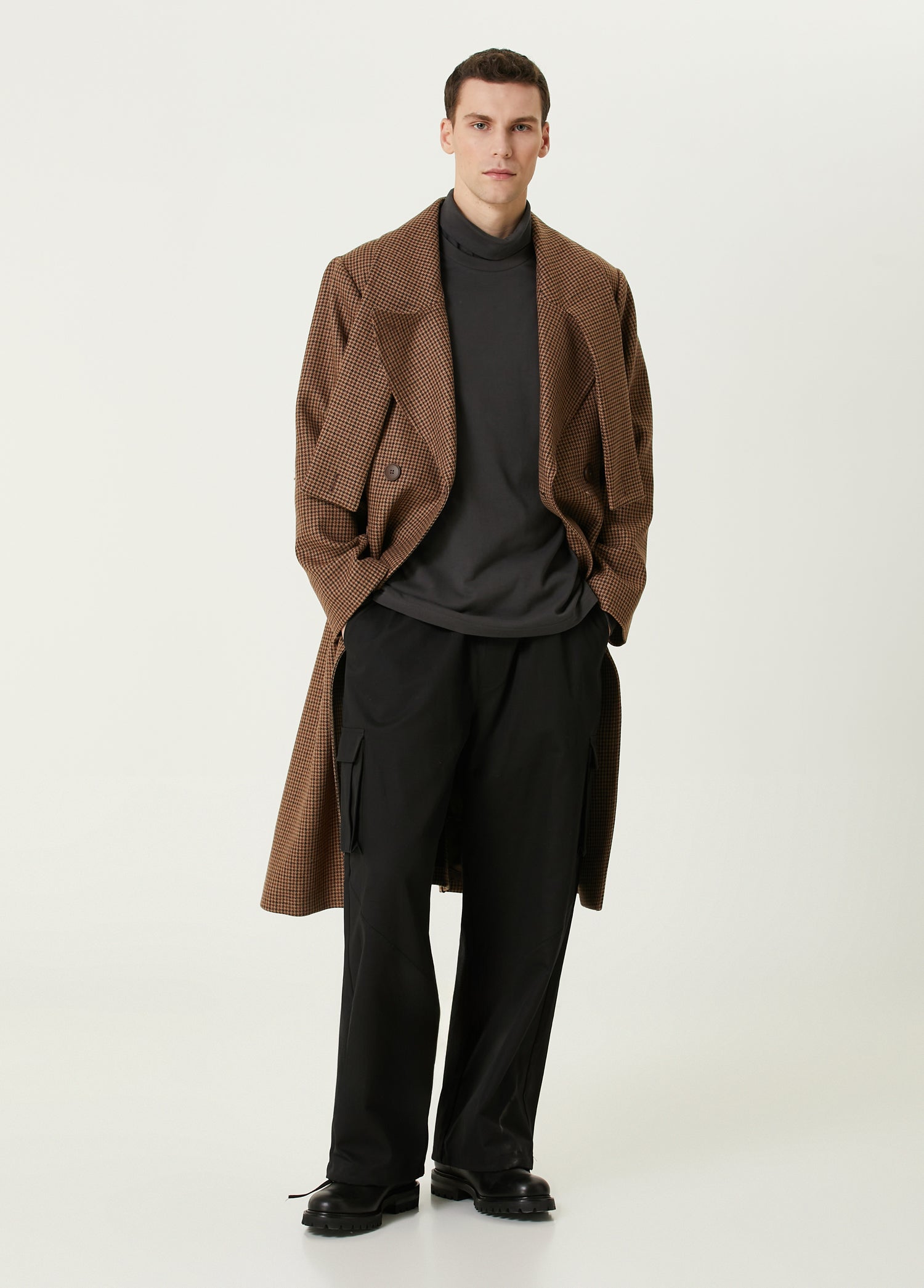 Wool & Cashmere Blend Houndstooth Long Men Coat - Brown