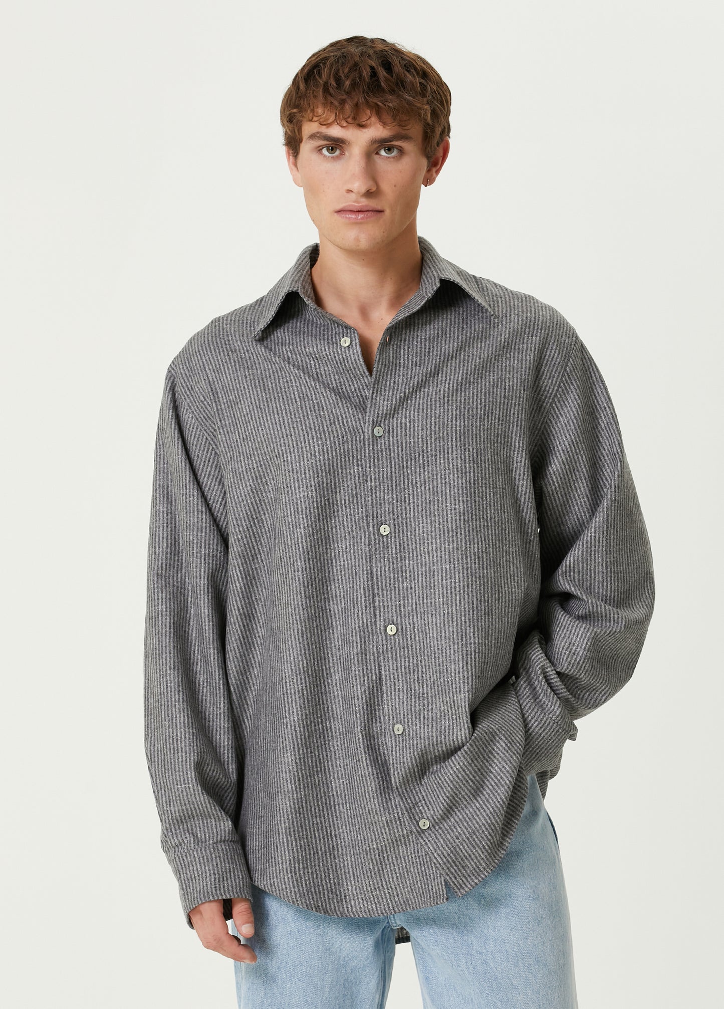 WOOL &amp; CASHMERE BLEND YOUR *ITCH SRTIPED LONG SLEEVE SHIRT - GRAY STRIPED