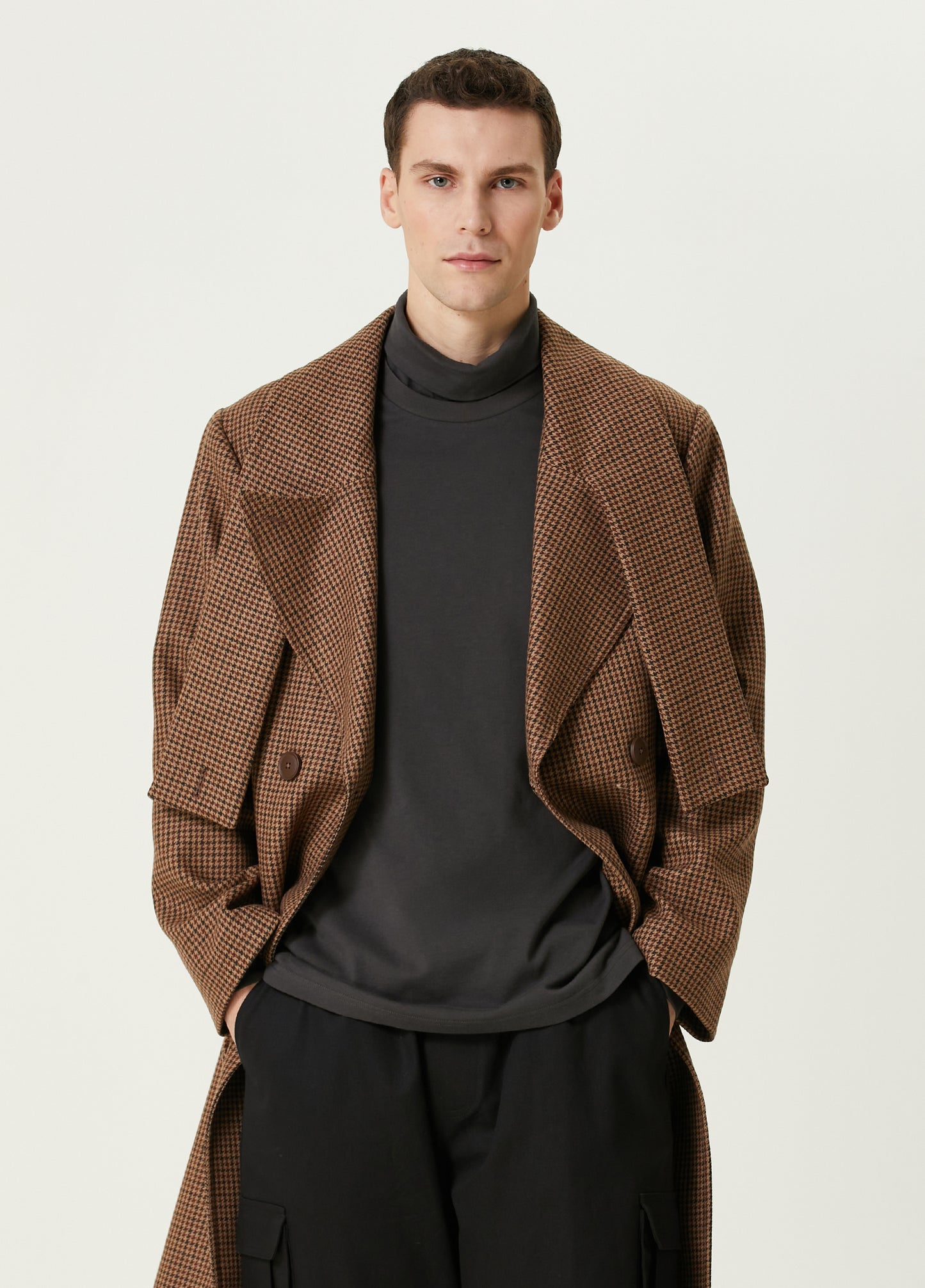 Boomerang Yün Kazayağı Desenli Uzun Kaban