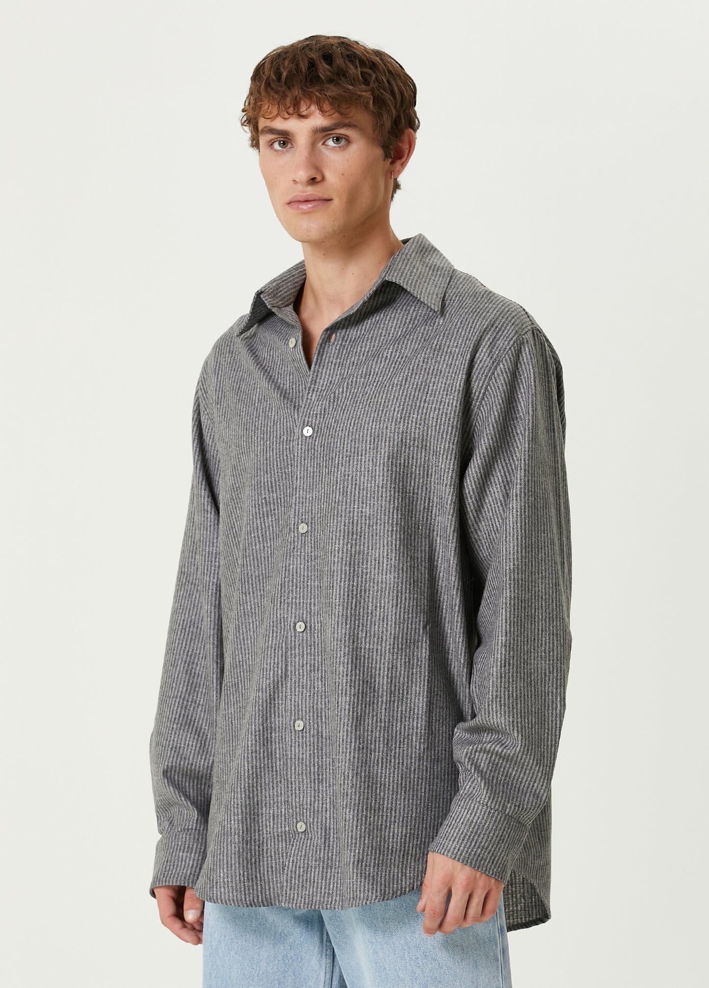 WOOL &amp; CASHMERE BLEND YOUR *ITCH SRTIPED LONG SLEEVE SHIRT - GRAY STRIPED