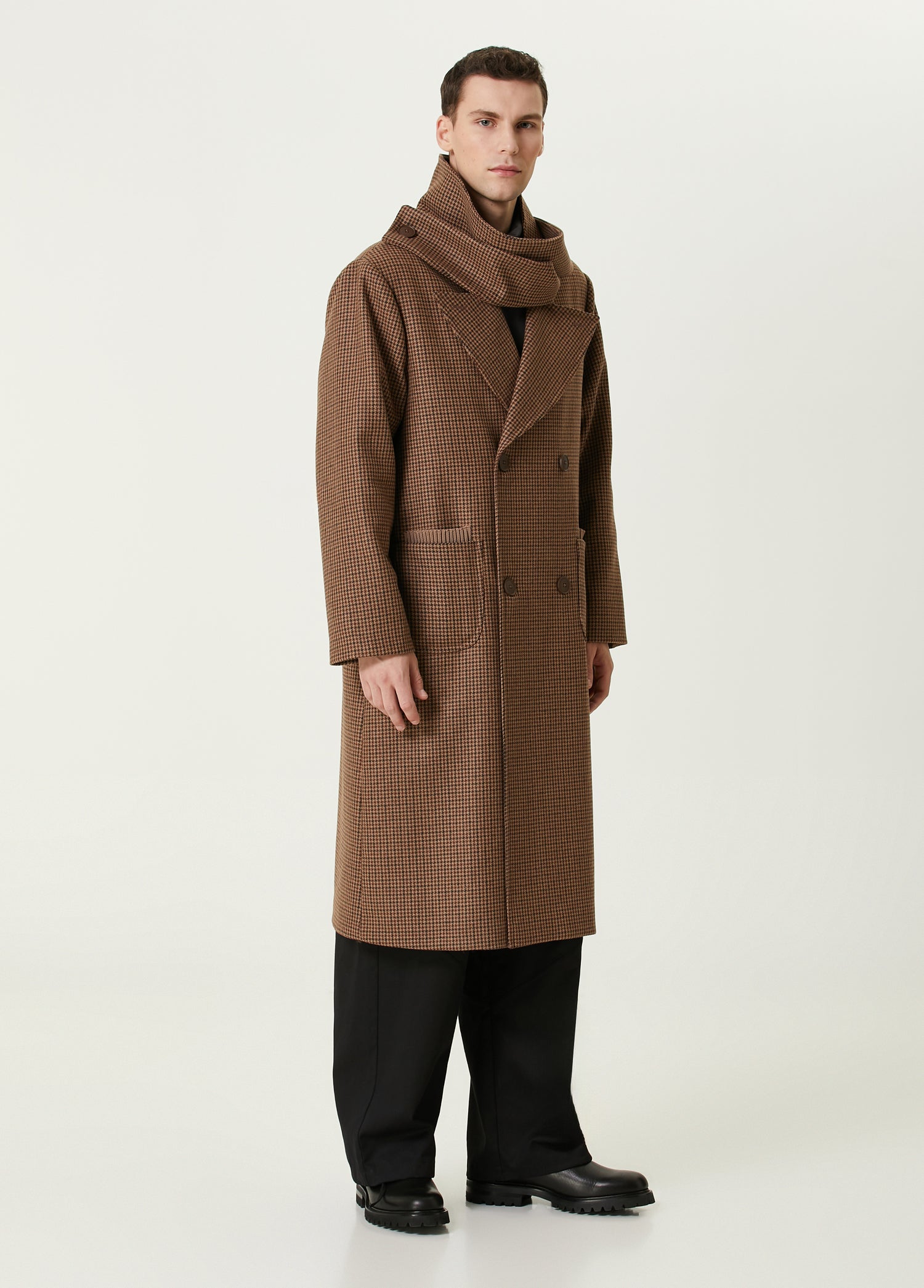 Wool & Cashmere Blend Houndstooth Long Men Coat - Brown