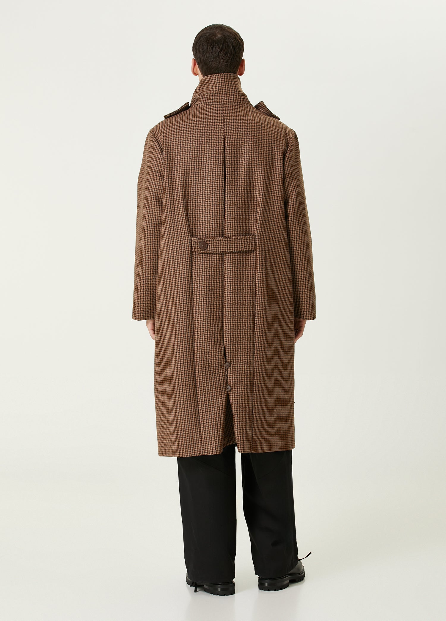 Wool & Cashmere Blend Houndstooth Long Men Coat - Brown