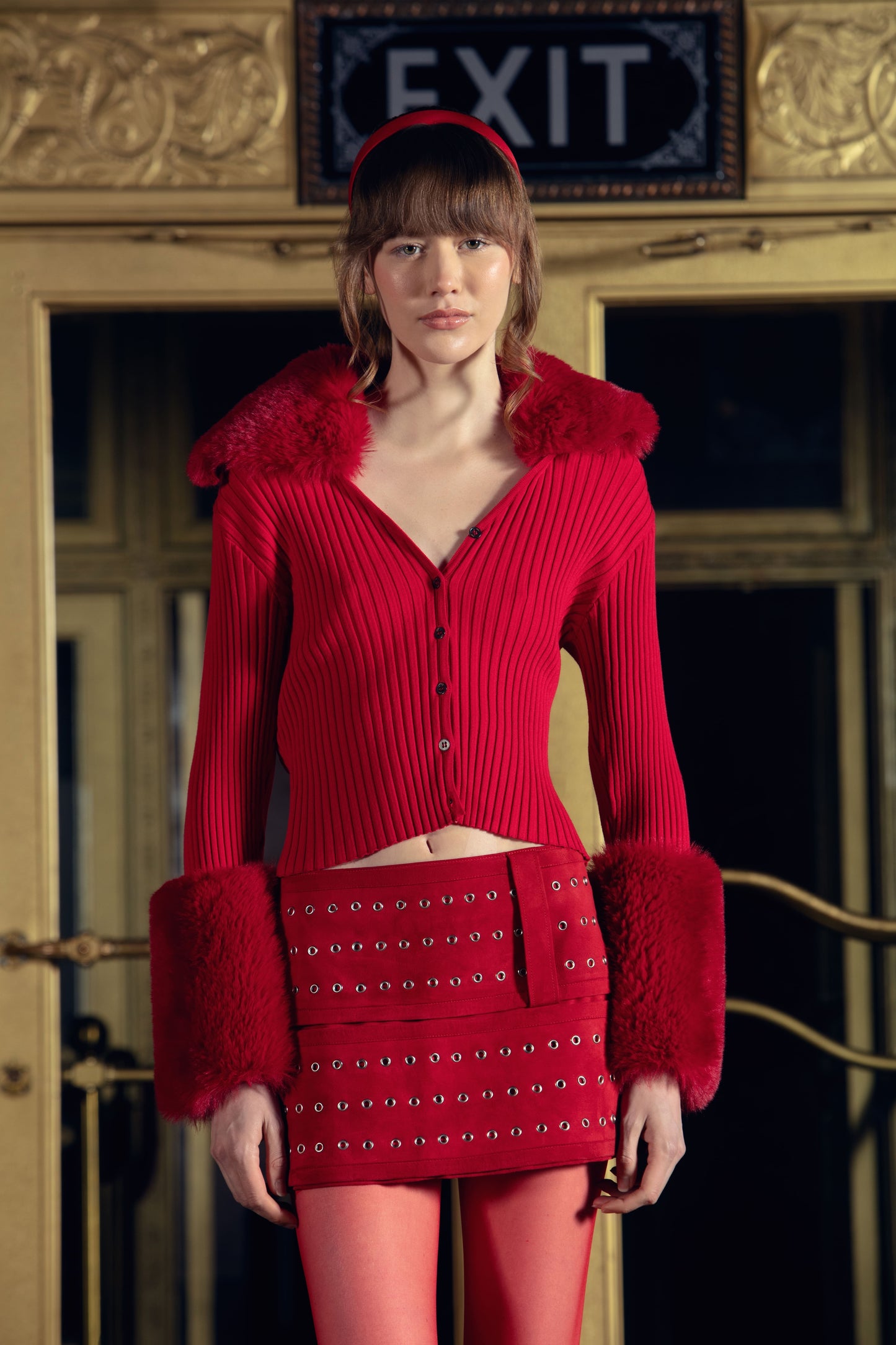 Women's Red Fur-Trim Knit Cardigan