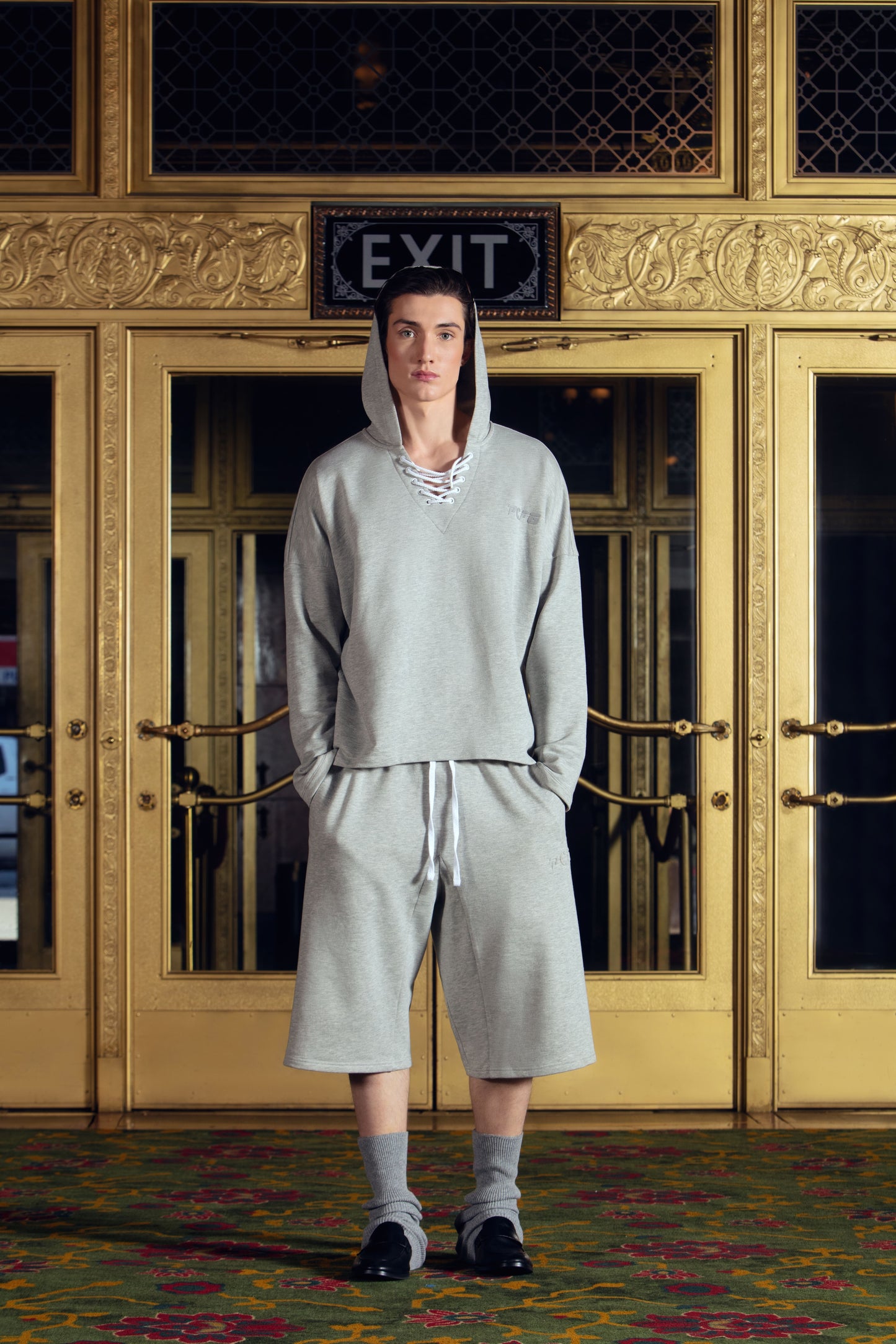Büzgü İp Detaylı Erkek Gri Hoodie