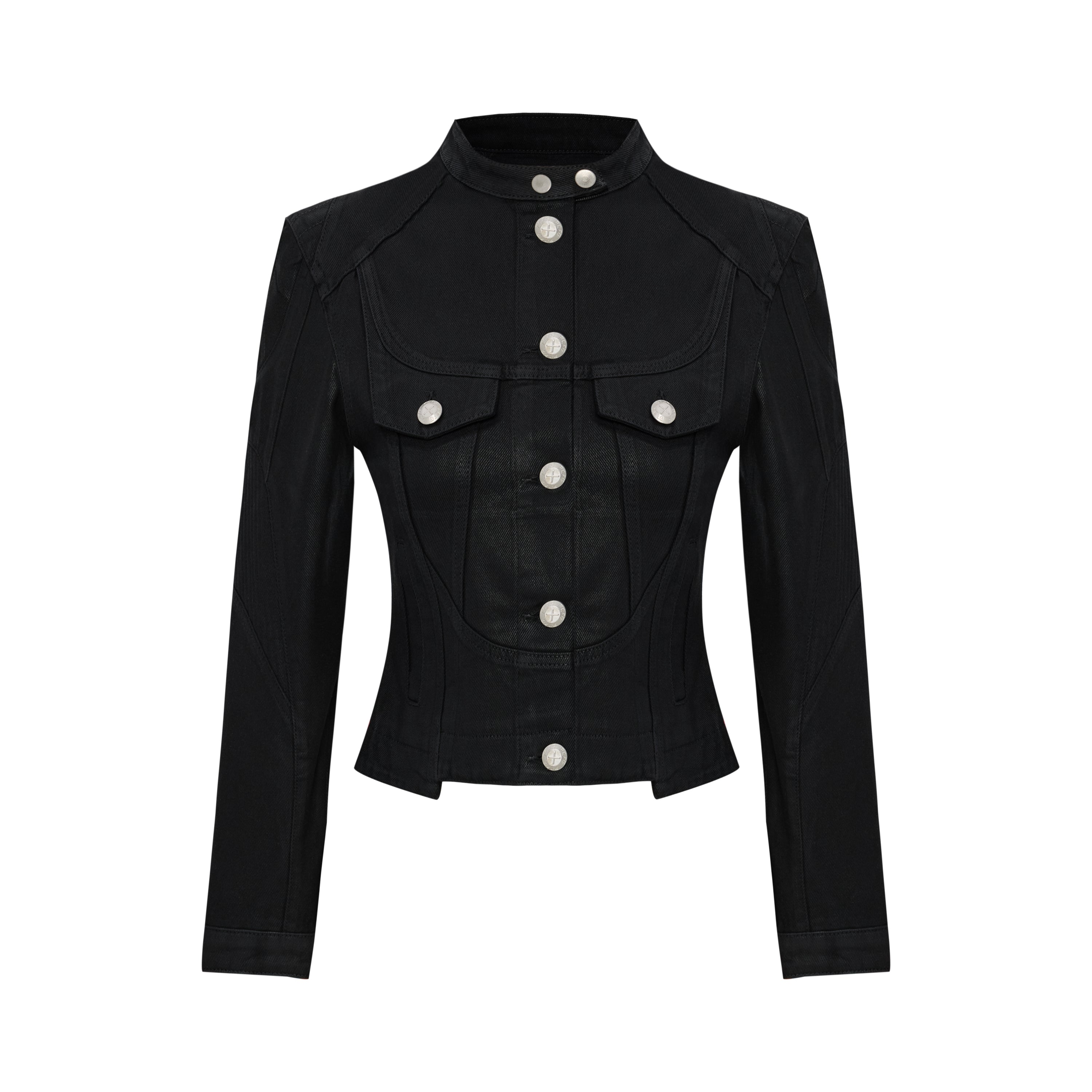 PURE COTTON SHINY COATED WOMEN DENIM JACKET - BLACK