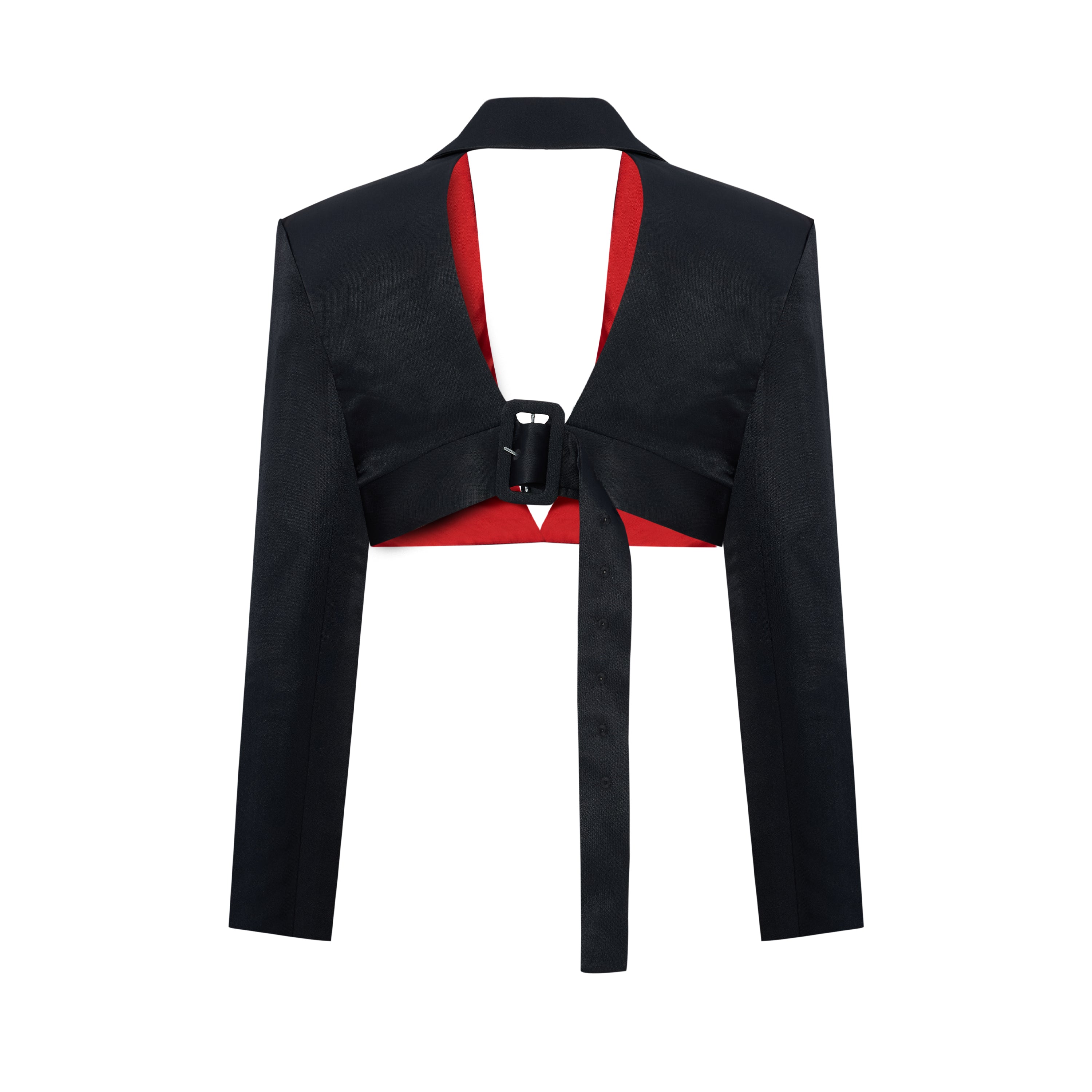 LINEN BLEND CROP SHINY WOVEN JACKET - BLACK