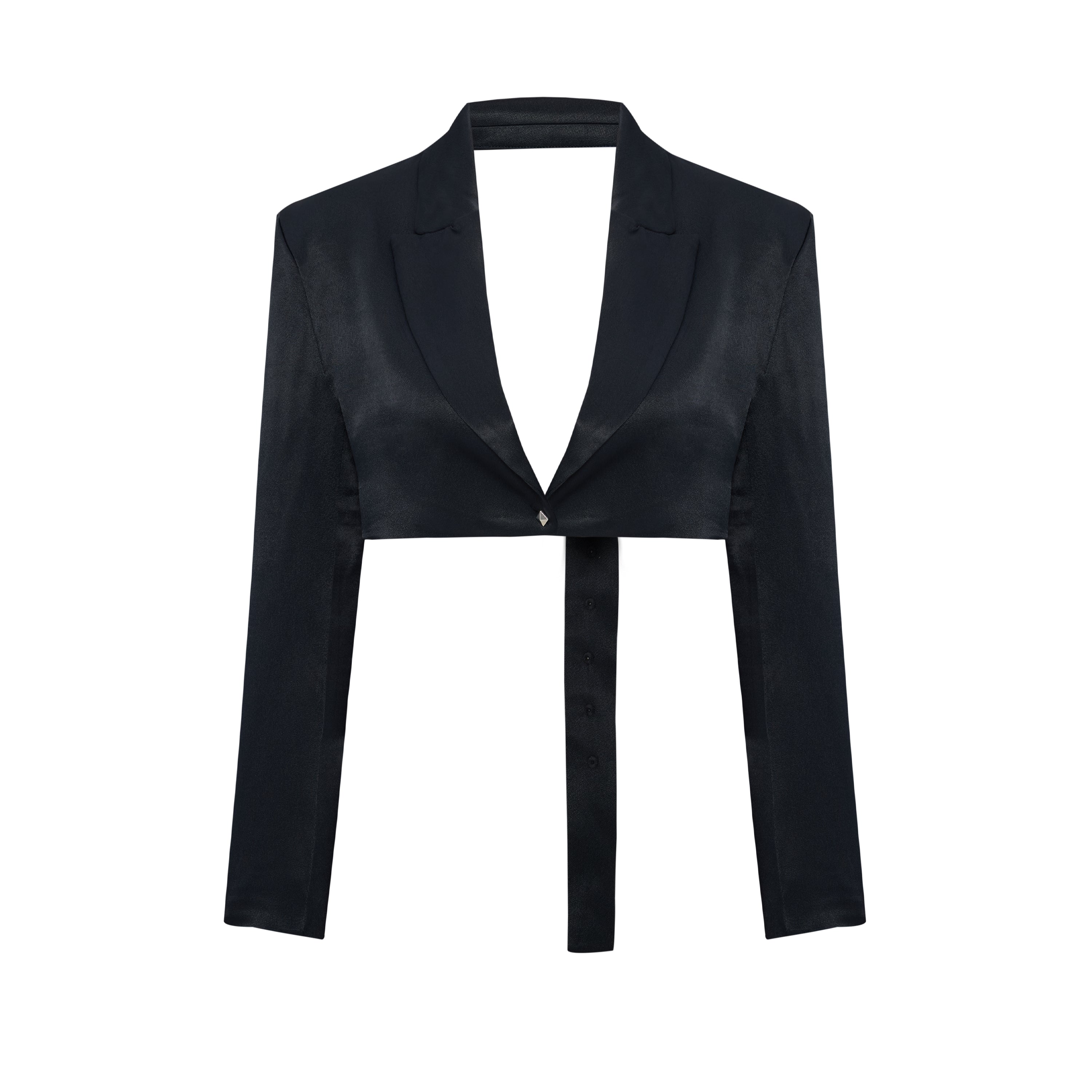 LINEN BLEND CROP SHINY WOVEN JACKET - BLACK