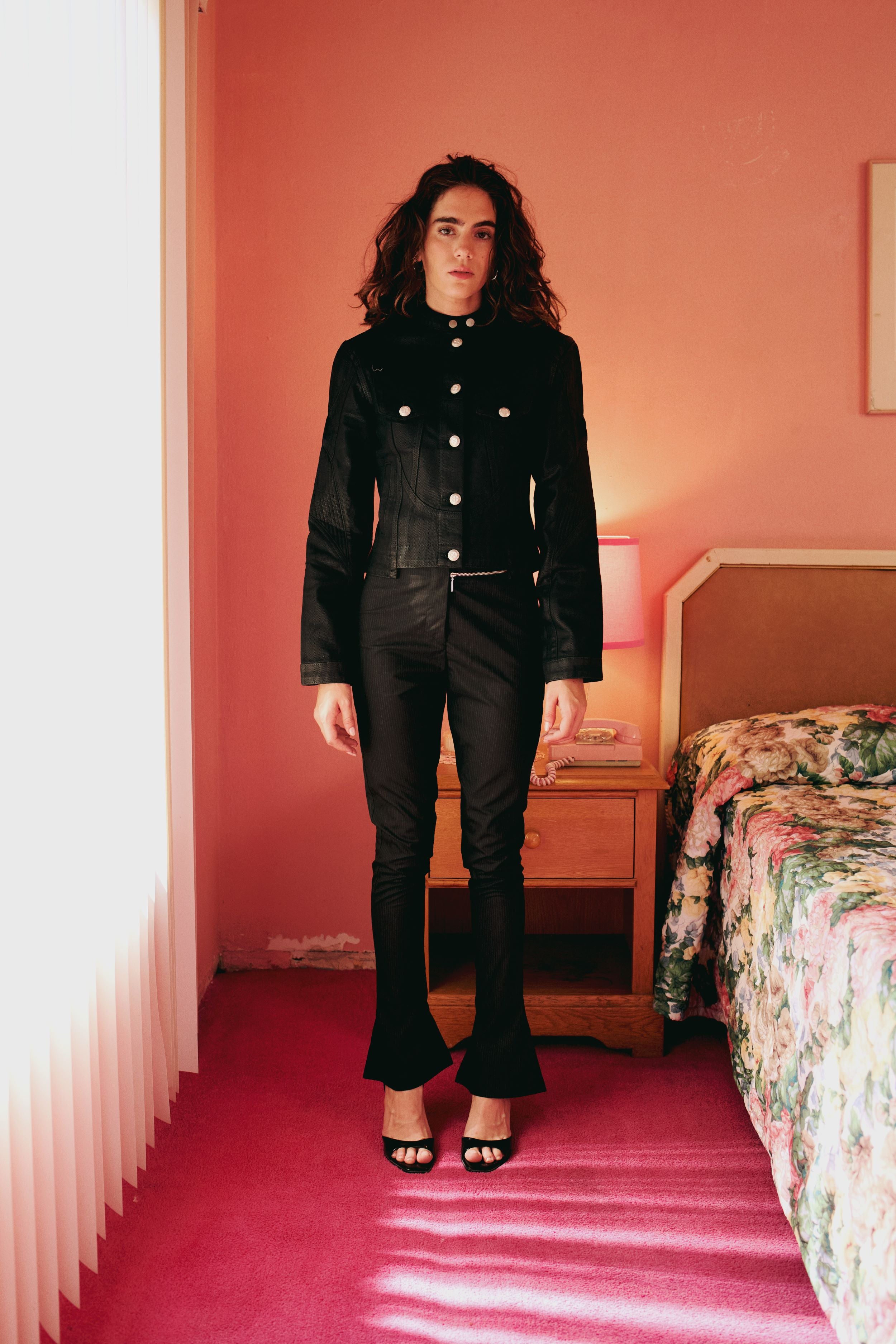 PURE COTTON SHINY COATED WOMEN DENIM JACKET - BLACK