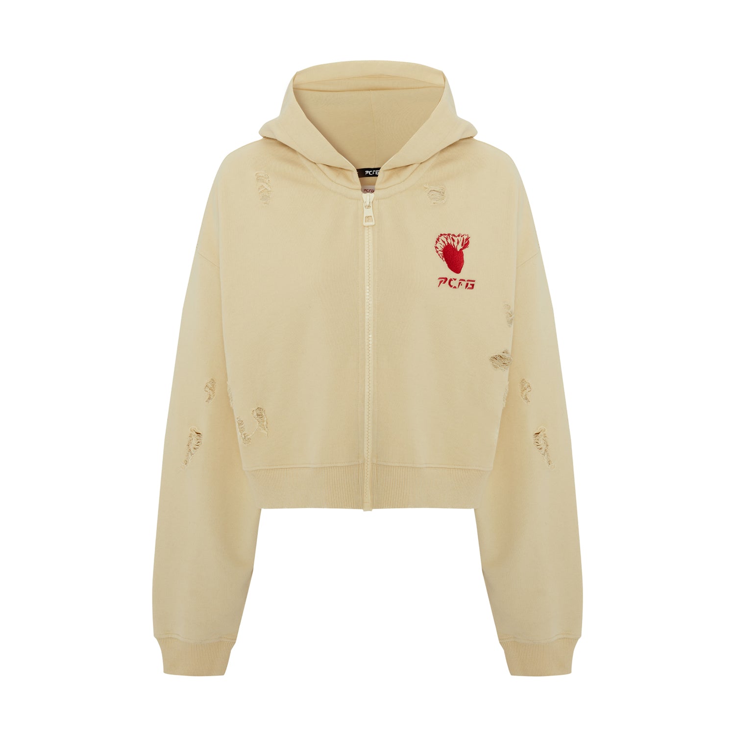 Cotton Destroyed Zip Up Hoodie - Chino Green