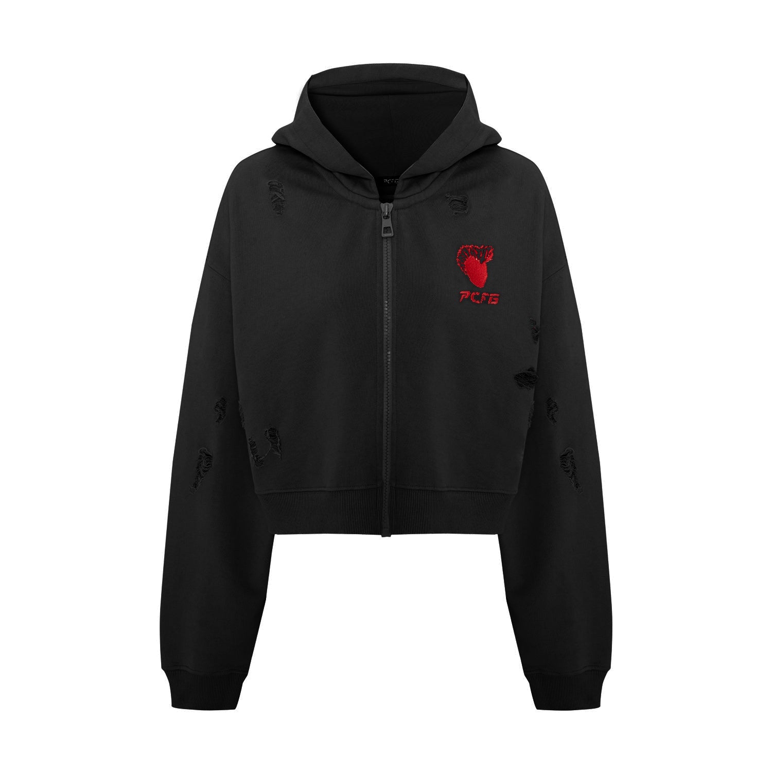 Cotton Destroyed Zip Up Hoodie - Black