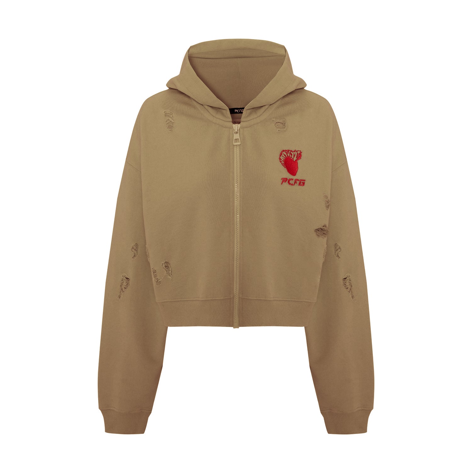 Cotton Destroyed Zip Up Hoodie - Covert Green