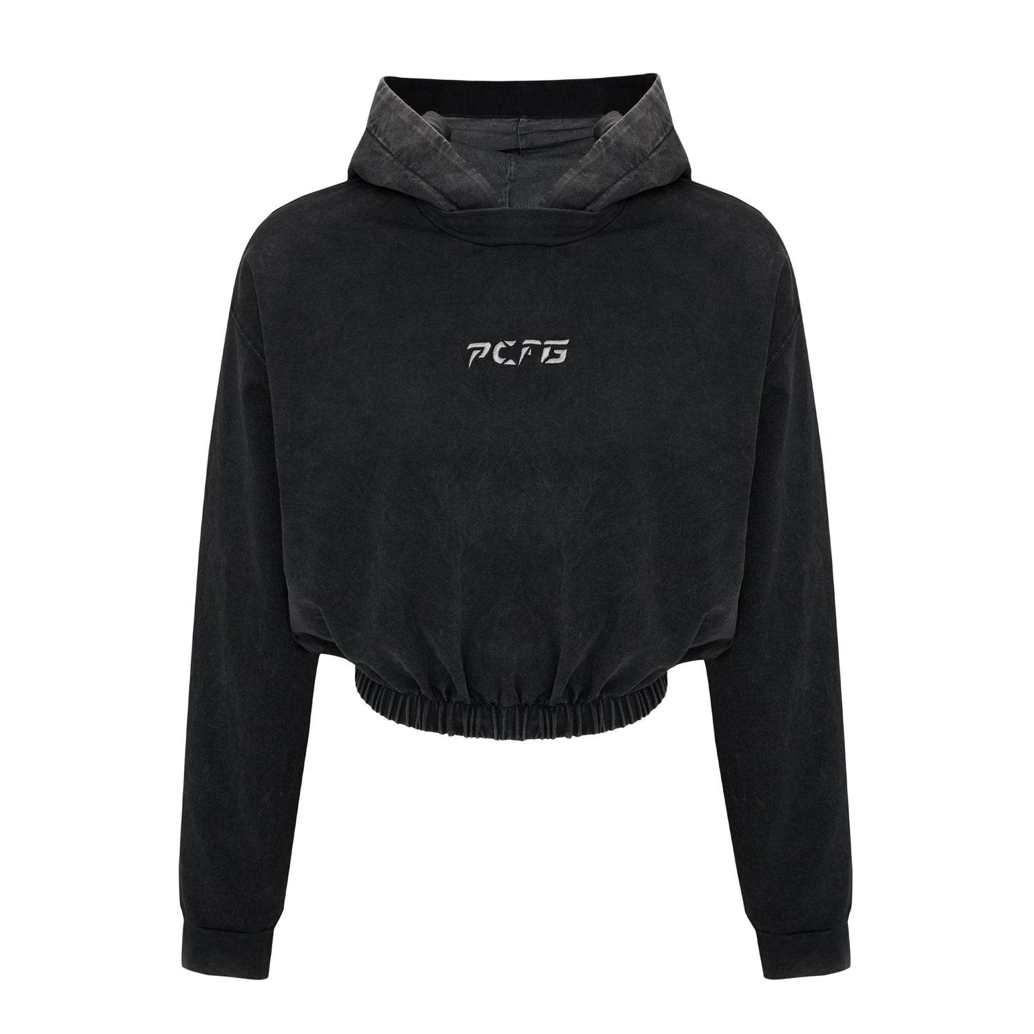 Cotton Acid Washed Crop Hoodie - Black