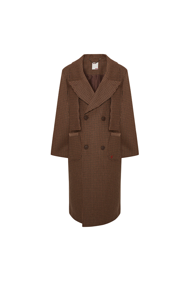 Wool &amp; Cashmere Blend Houndstooth Long Men Coat - Brown
