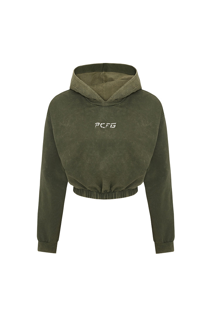 Cotton Acid Washed Crop Hoodie - Covert Green