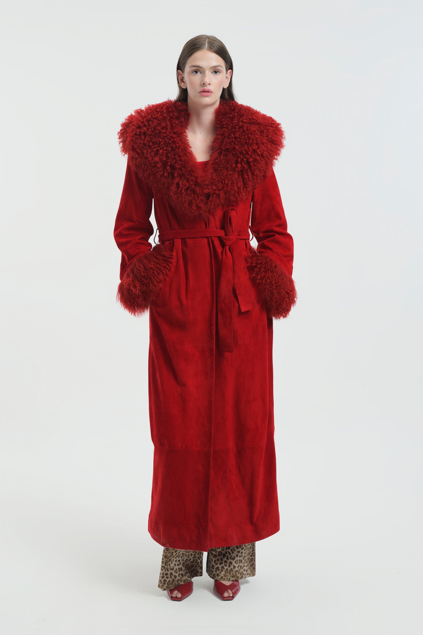 Women's Red Suede Leather Jacket with Shearling Fur Details