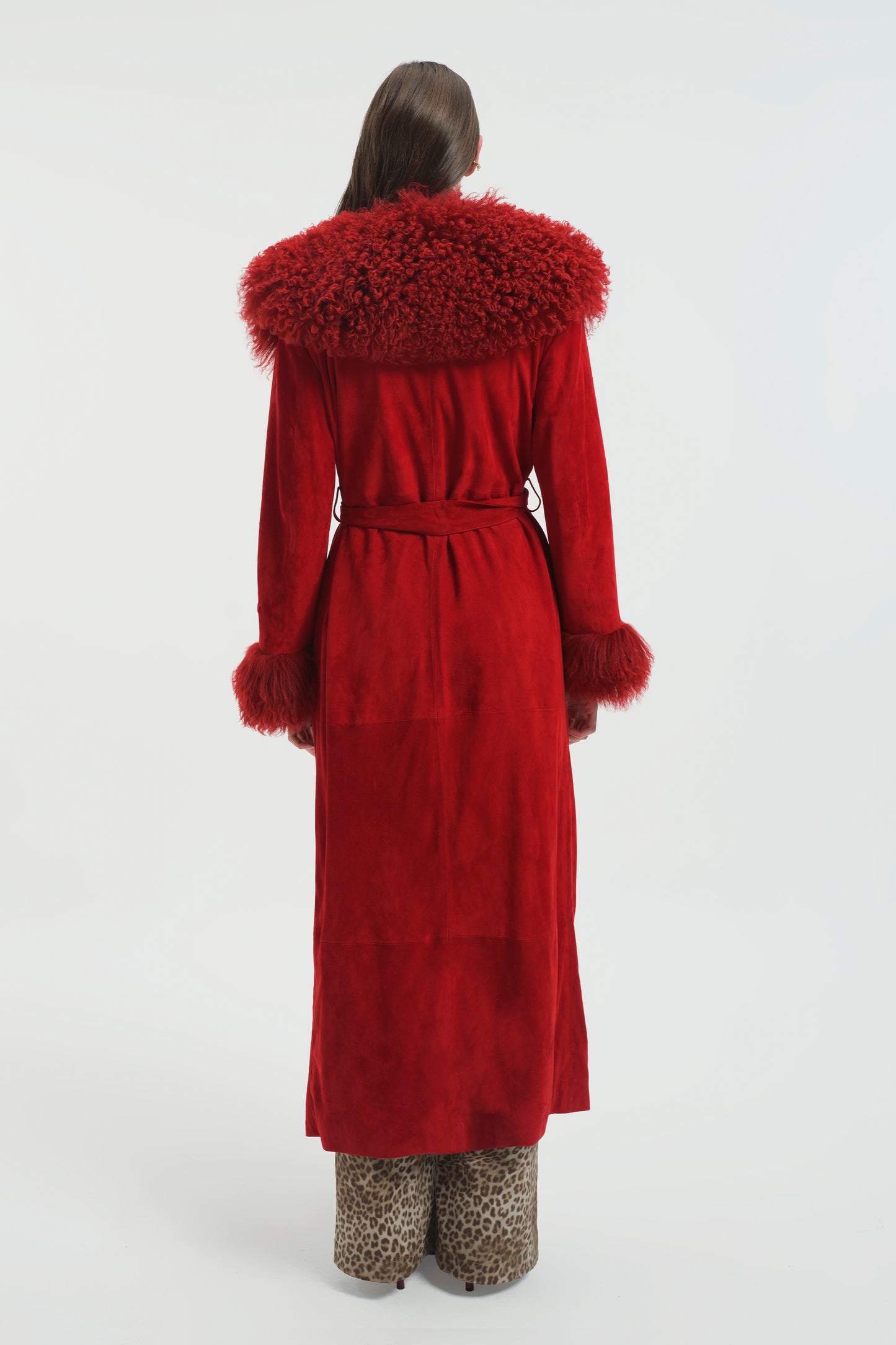 Women's Red Suede Leather Jacket with Shearling Fur Details
